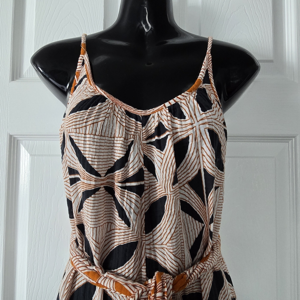 Anthropologie Black and Orange Patterned Jumpsuit